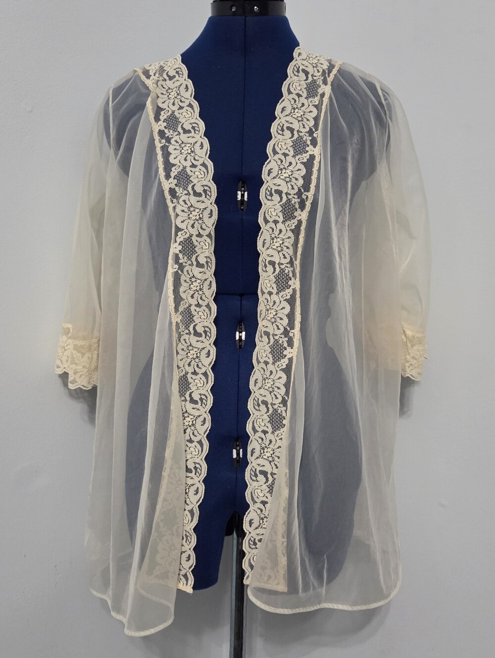 Vintage Off White Lace Trim Mesh Peignoir Size S